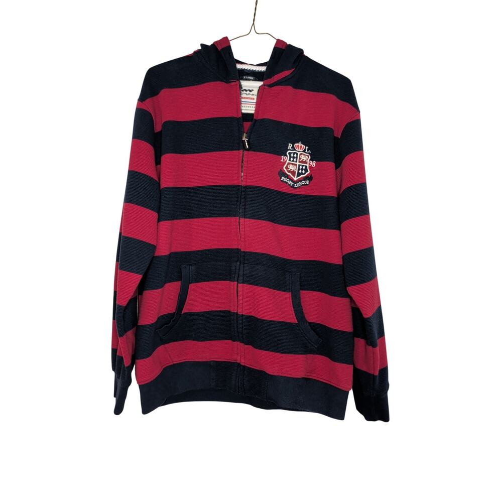 Spunk Sportswear Mens XL Full Zip Hoodie Red Navy Blue Striped Crest Rugby